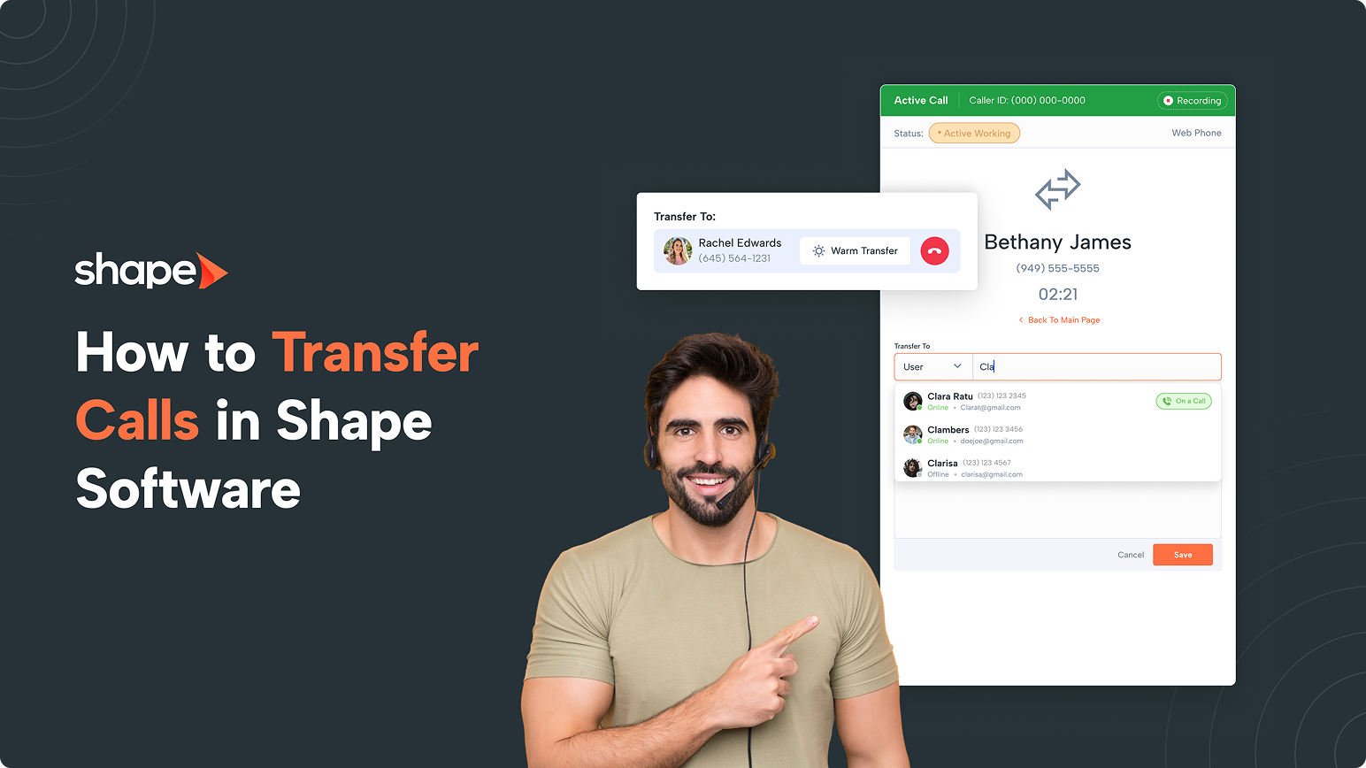 Hero image with Shape logo and the title 'How to Transfer Calls in Shape Software' on a dark background; a headset-wearing man in the foreground and a right-side transfer UI mockup.