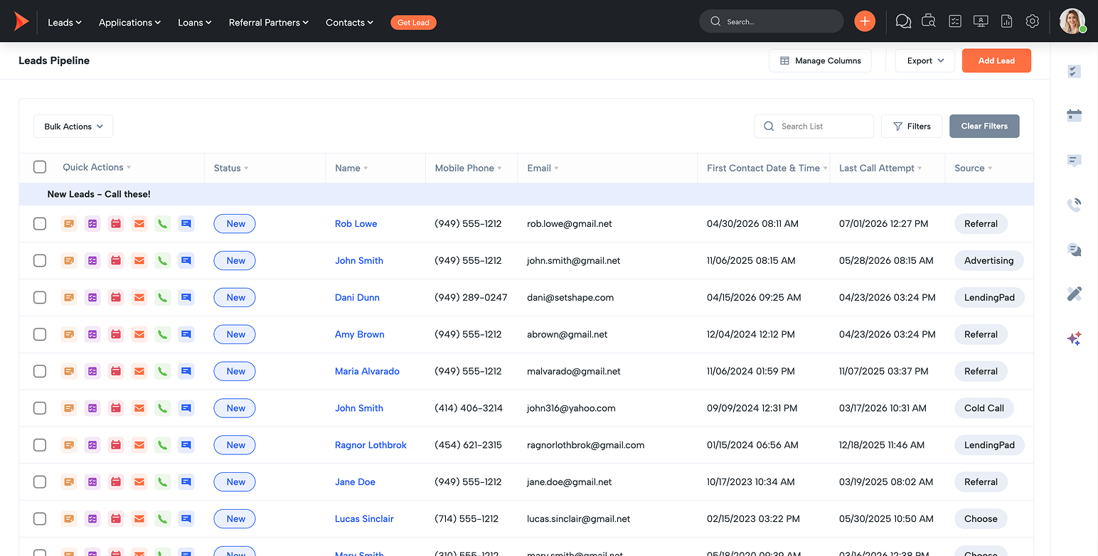 CRM leads pipeline table with lead rows, status badges, contact details, and source tags (Referral, Advertising, LendingPad).