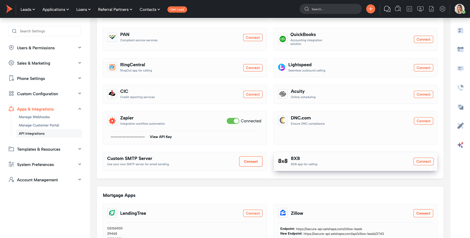 Dashboard page showing integration cards with Connect buttons, a left navigation panel, and a Mortgage Apps section featuring LendingTree and Zillow.