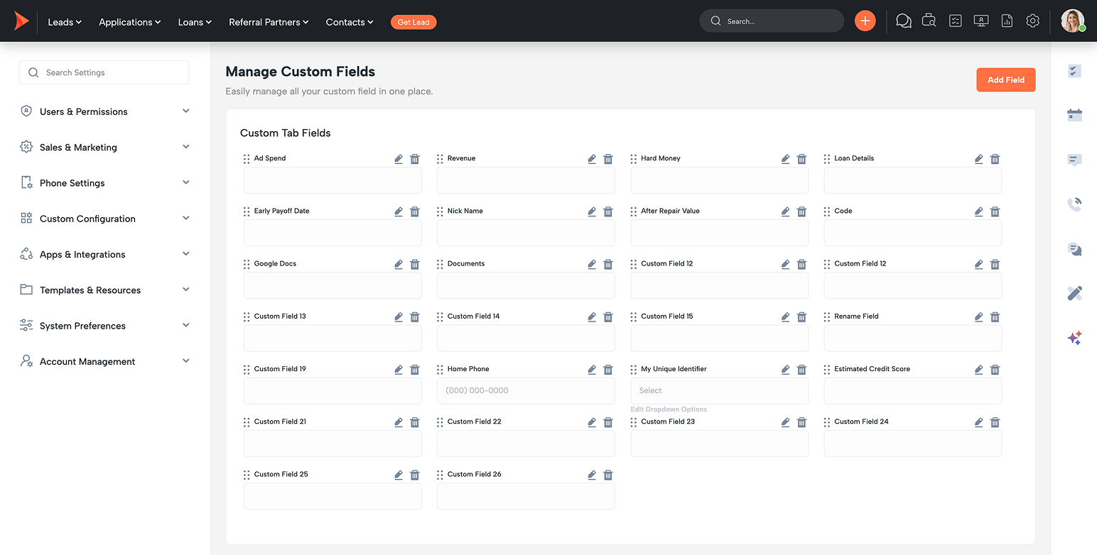 Manage Custom Fields screen showing a grid of editable field cards and an Add Field button in the top-right corner of the panel on a dashboard layout.