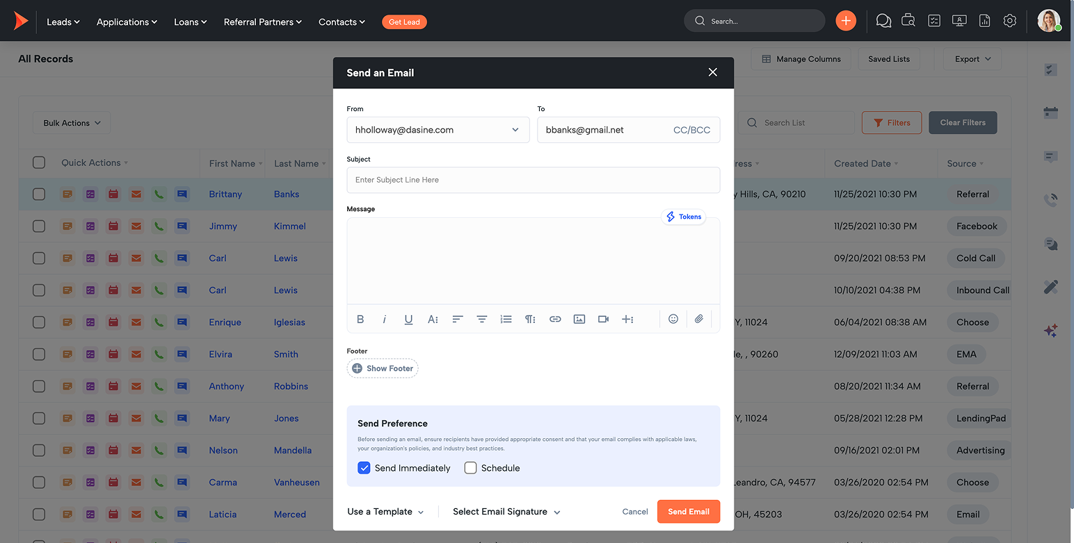 Send an Email modal over a CRM: From, To, Subject, Message fields with rich text editor and footer options.