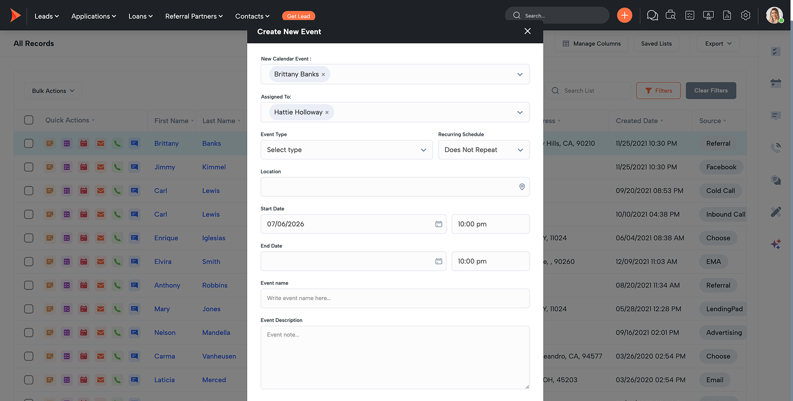 Create New Event modal over a contact list with fields for assignee, event type, dates, times, and notes housing the form labels and inputs.