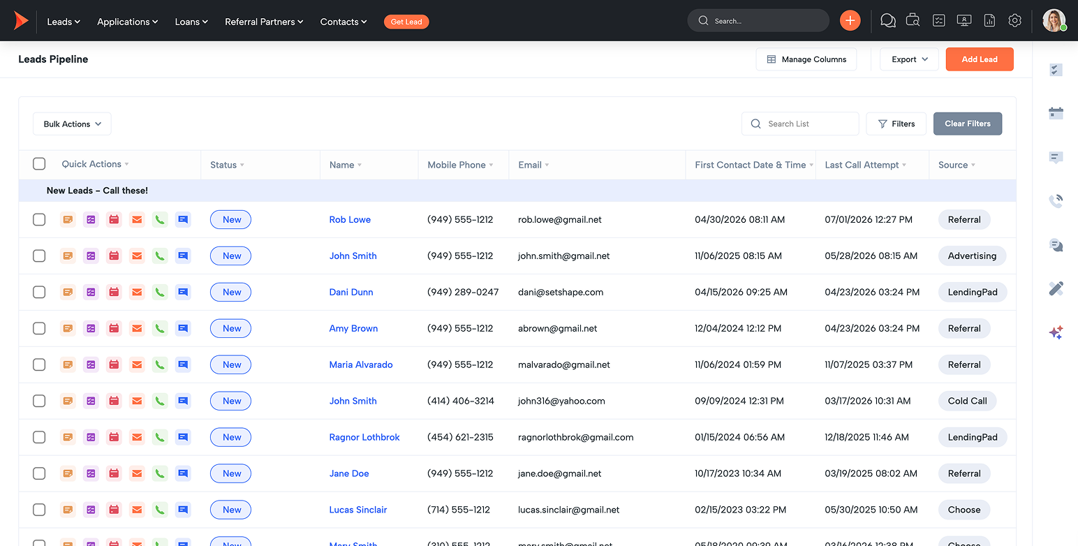 Leads Pipeline dashboard showing a list of new leads with actions, status, contact details, and last activity date columns.