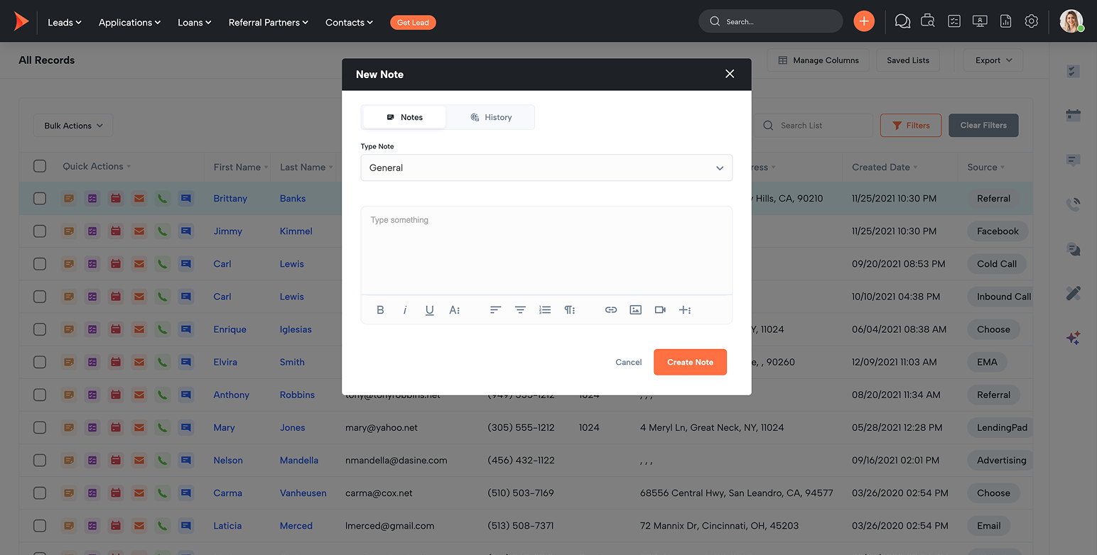 Modal titled New Note over a CRM list with Notes tab active; fields for Type Note and a large text editor, plus Cancel and Create Note actions
