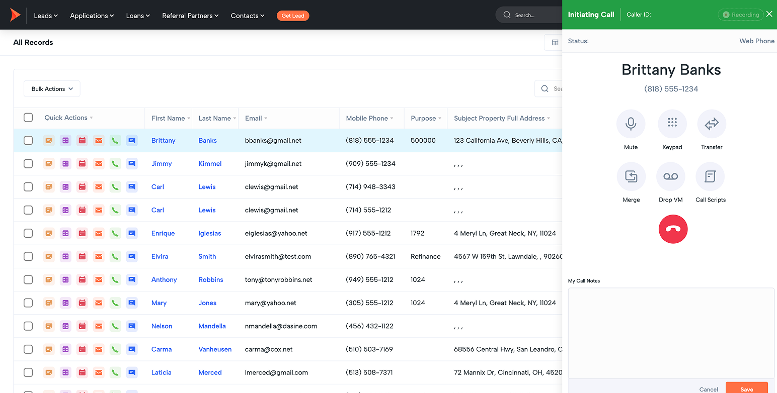 CRM dashboard with a contact list: rows of first/last names, emails, phones, and addresses; left column checkboxes and action icons; right-side green panel titled 'Initiating Call' for Brittany Banks with call options.