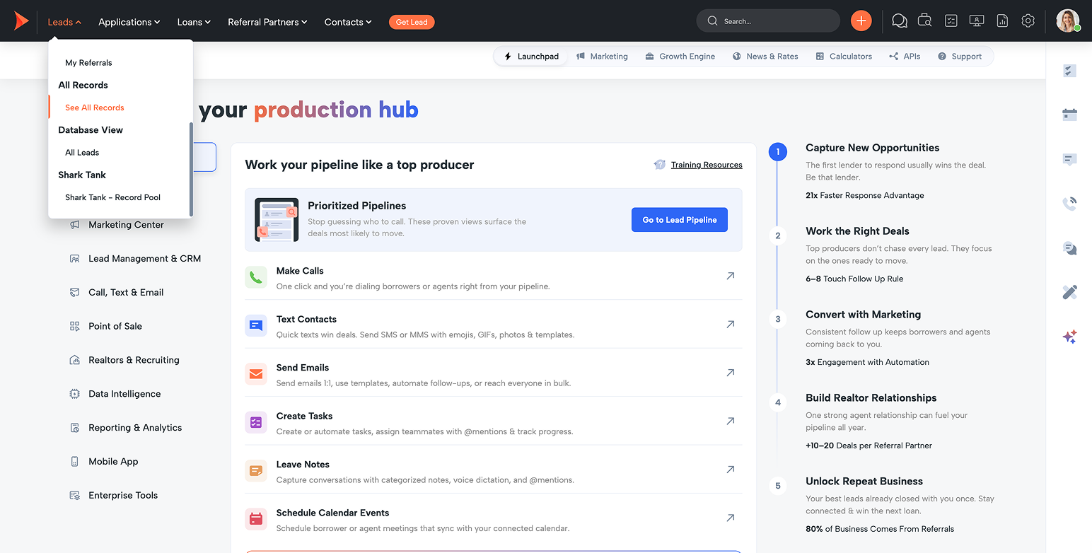 Screenshot of a web app dashboard with a left navigation menu, top header, and a central panel titled 'Work your pipeline like a top producer' listing actions such as Make Calls and Text Contacts. A right-side timeline shows steps for opportunities.