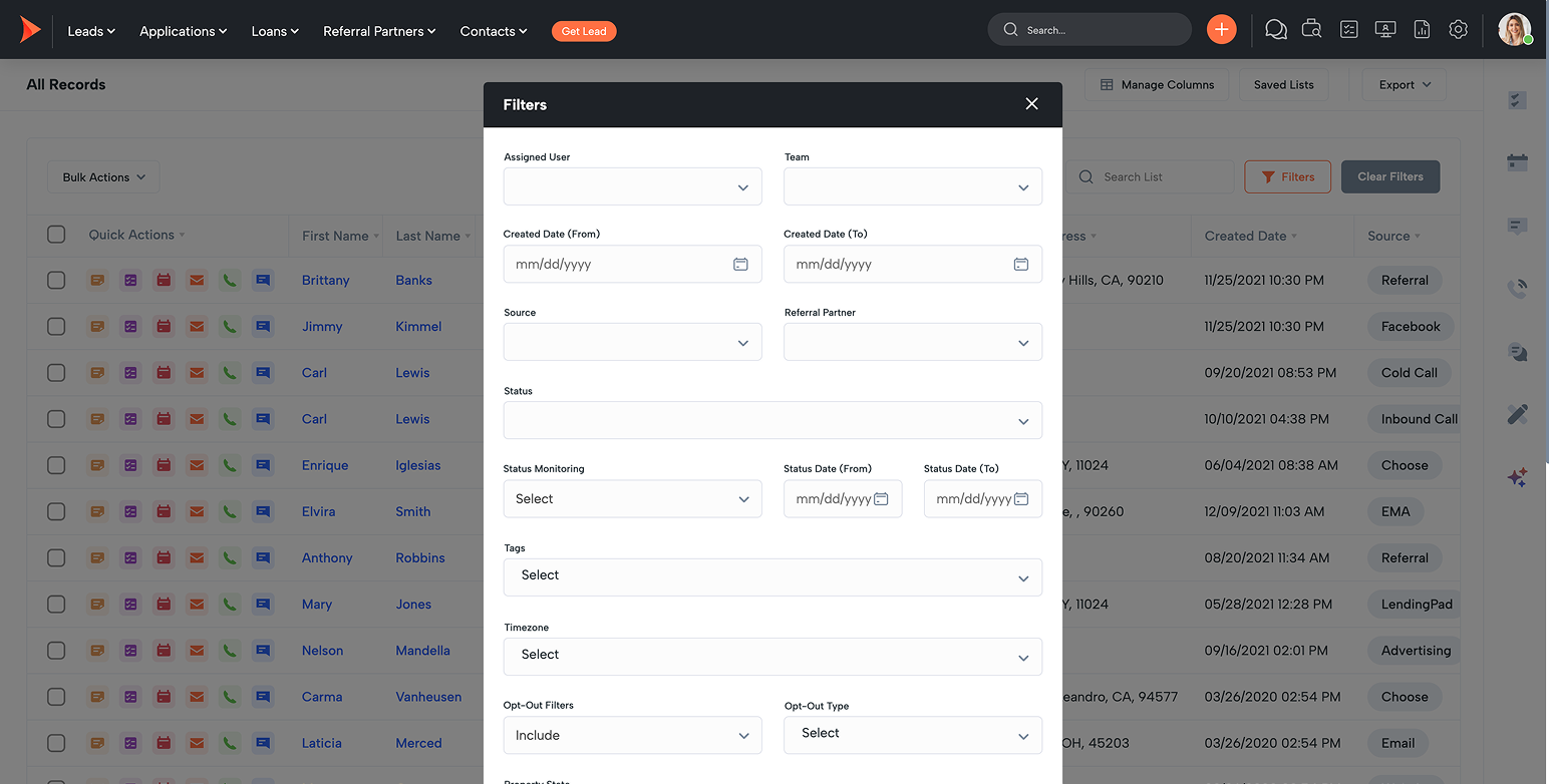 Filters dialog over a leads list with fields for Assigned User, Team, Created/Status dates, Source, Referral Partner, Status, Tags, Timezone, and Opt-Out options.