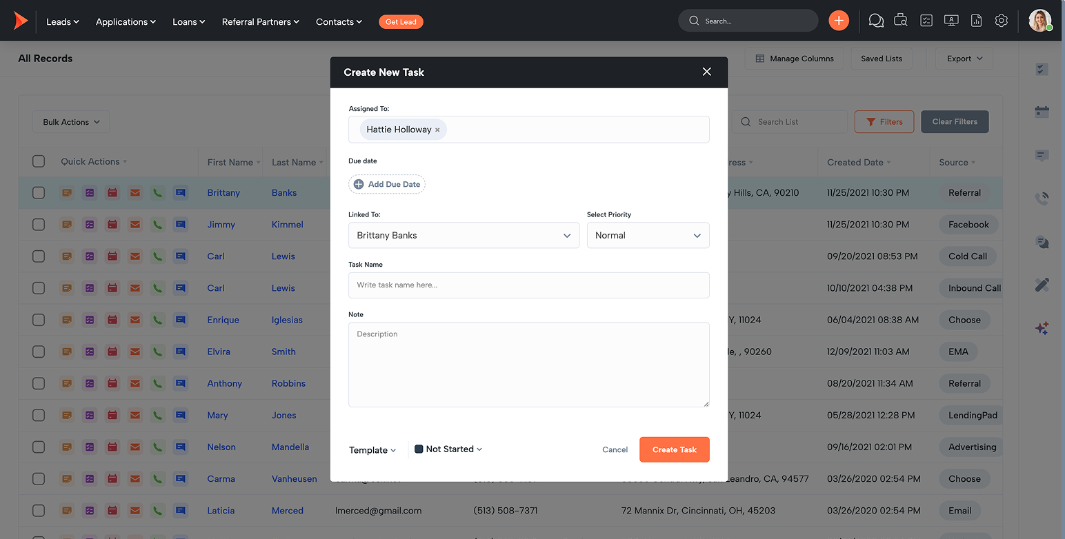 Create New Task modal open over a CRM list; fields for assignee, due date, linked record, priority, task name, notes, and Create Task/Cancel buttons.
