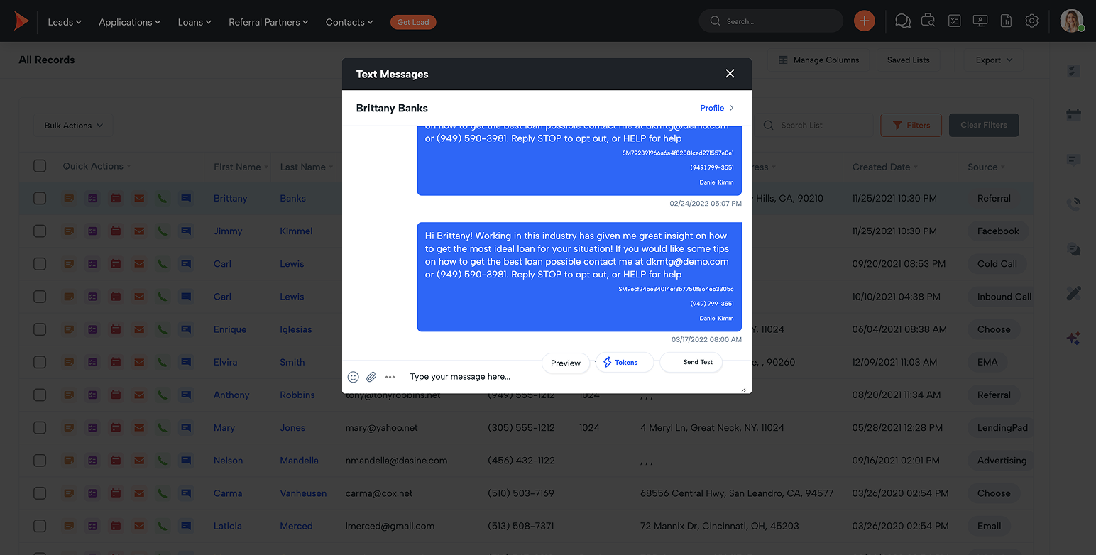Modal 'Text Messages' for Brittany Banks with blue chat bubbles and a message input at the bottom.