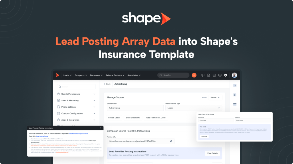 Shape hero banner: logo at top with the orange headline “Lead Posting Array Data into Shape's Insurance Template” over a dark gradient background and a partial dashboard mockup below (informative hero image).
