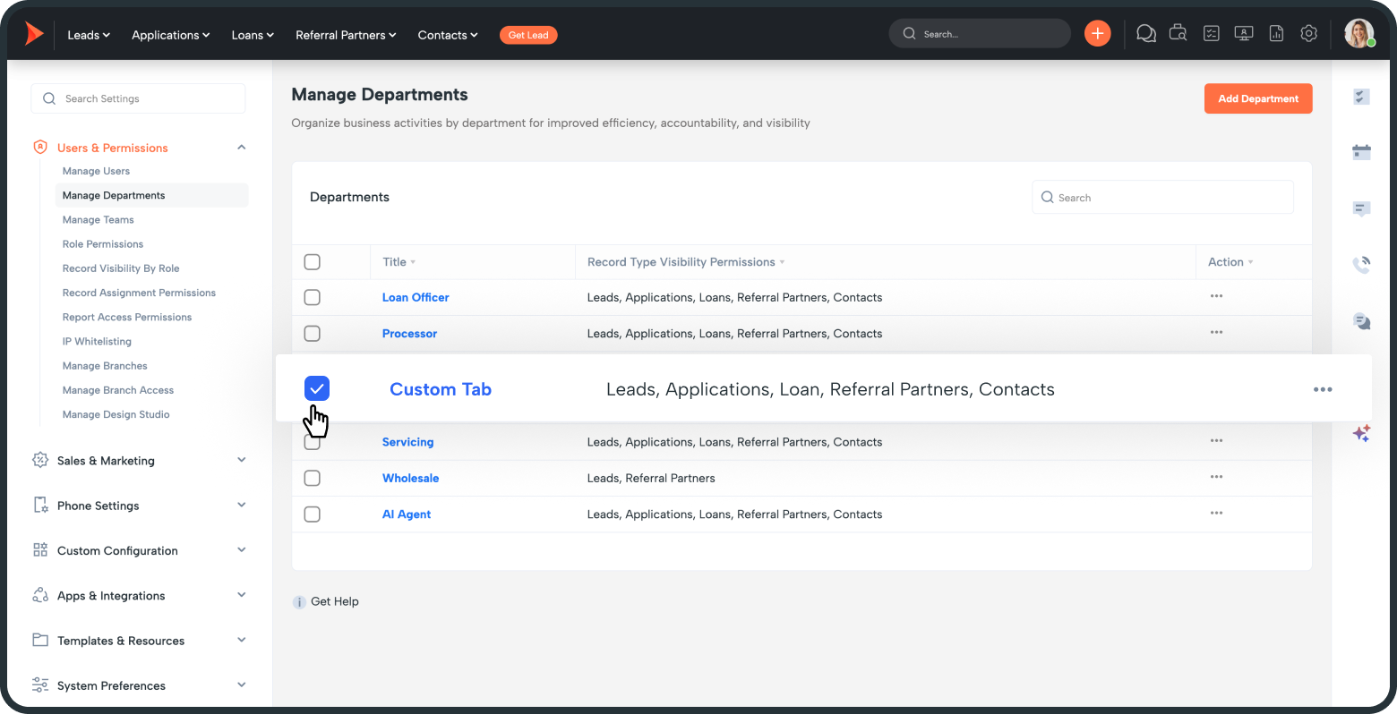 Admin dashboard: Manage Departments page with a left navigation, a list of departments (Loan Officer, Processor, Servicing, Wholesale, AI Agent), and a highlighted Custom Tab row showing a selected checkbox and a cursor pointing at it.