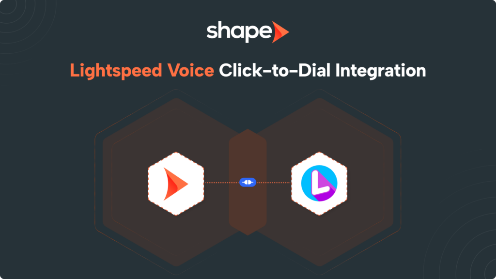 Dark hero banner with the Shape logo and the headline 'Lightspeed Voice' in orange 'Click-to-Dial Integration' text; shows two hex icons connected by a dotted line.