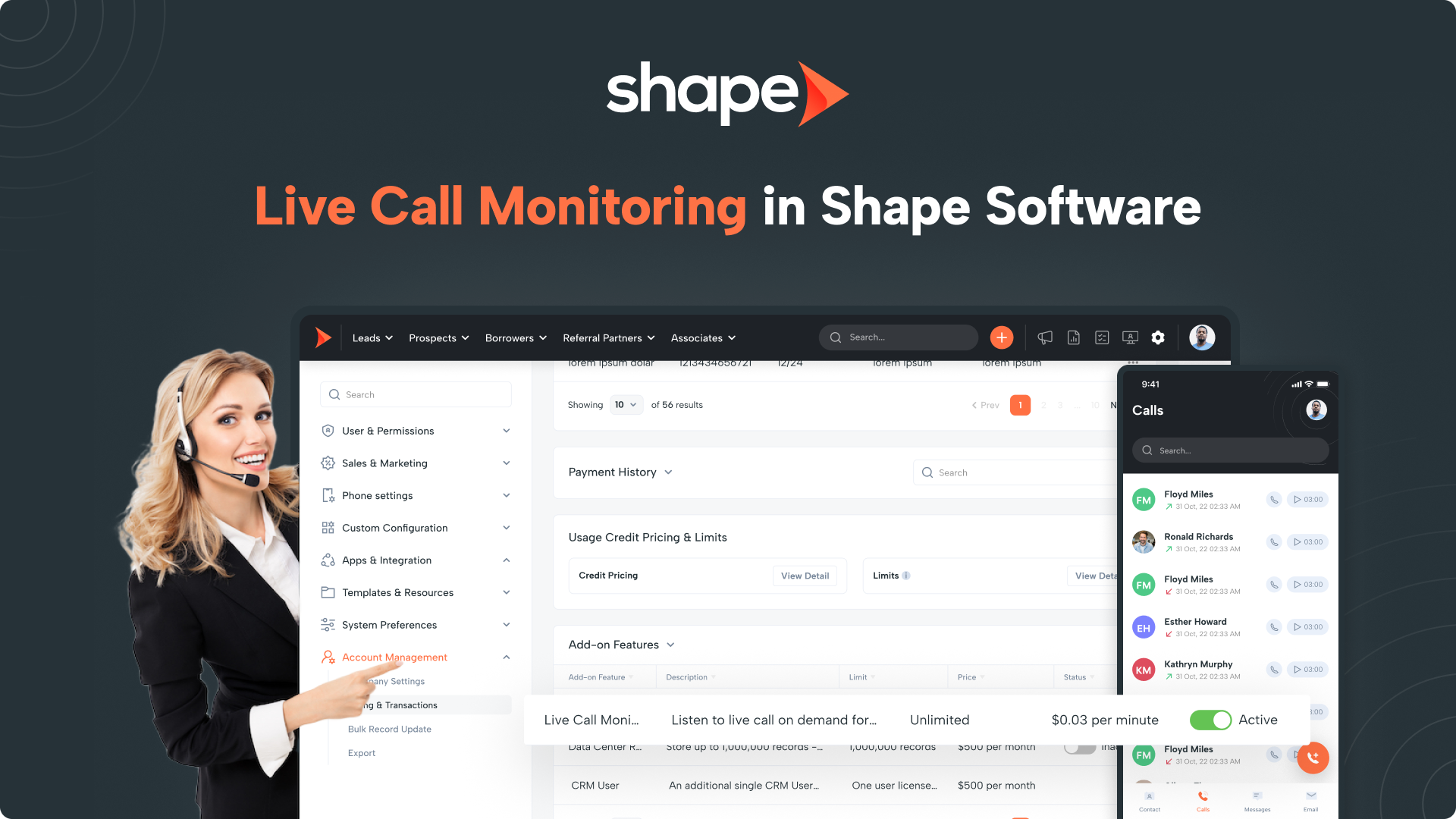 Smiling woman with a headset beside a banner that reads 'Live Call Monitoring in Shape Software' over a dashboard mockup in dark UI.