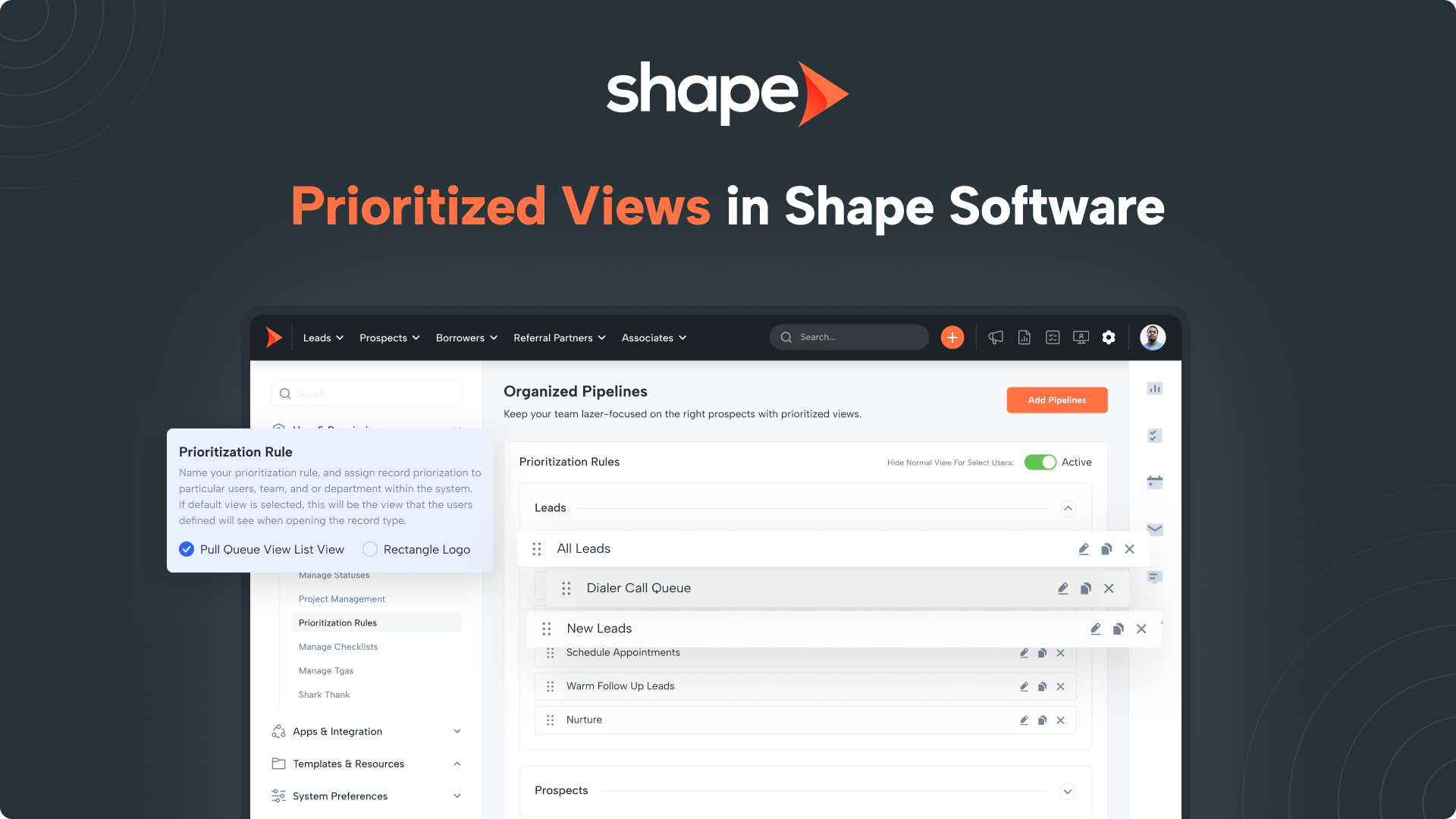 Hero banner showing Shape logo and the title 'Prioritized Views in Shape Software' over a dark gradient with a partial UI dashboard screenshot beneath.