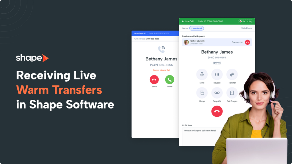 Shape brand hero: dark background, left-aligned text 'Receiving Live Warm Transfers in Shape Software' with logo and a smiling woman in headset on the right, showcasing software UI screenshots.