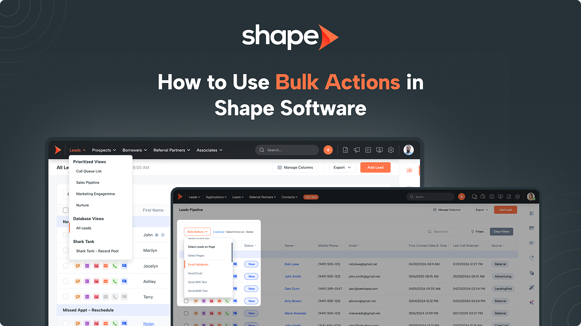 Shape banner with the logo and title 'How to Use Bulk Actions in Shape Software' atop two overlapping software dashboards (leads/contacts) showing a tutorial header image.
