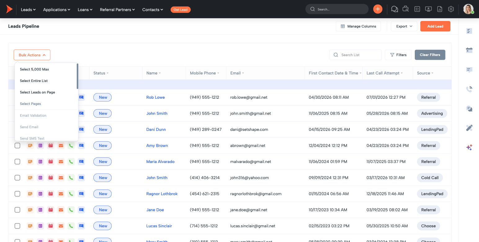 CRM Leads Pipeline screen with a Bulk Actions menu and a table of leads (Status, Name, Mobile, Email, First Contact Date, Last Call, Source).