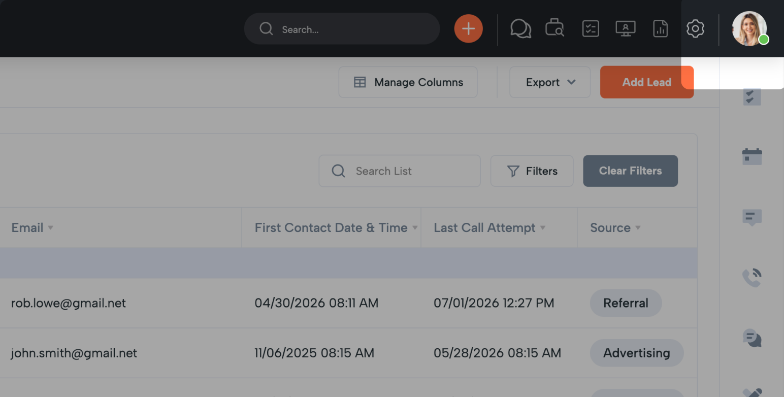 CRM dashboard: lead list with Email, First Contact Date & Time, Last Call Attempt, Source columns and sample rows (rob.lowe@gmail.net, john.smith@gmail.net) with tags 'Referral' and 'Advertising'