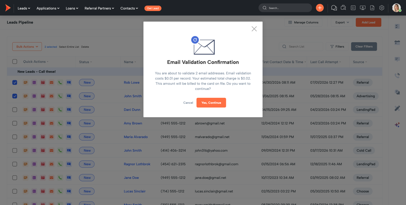 Popup dialog titled 'Email Validation Confirmation' with envelope icon; explains validating 2 emails and costs, asks to continue.