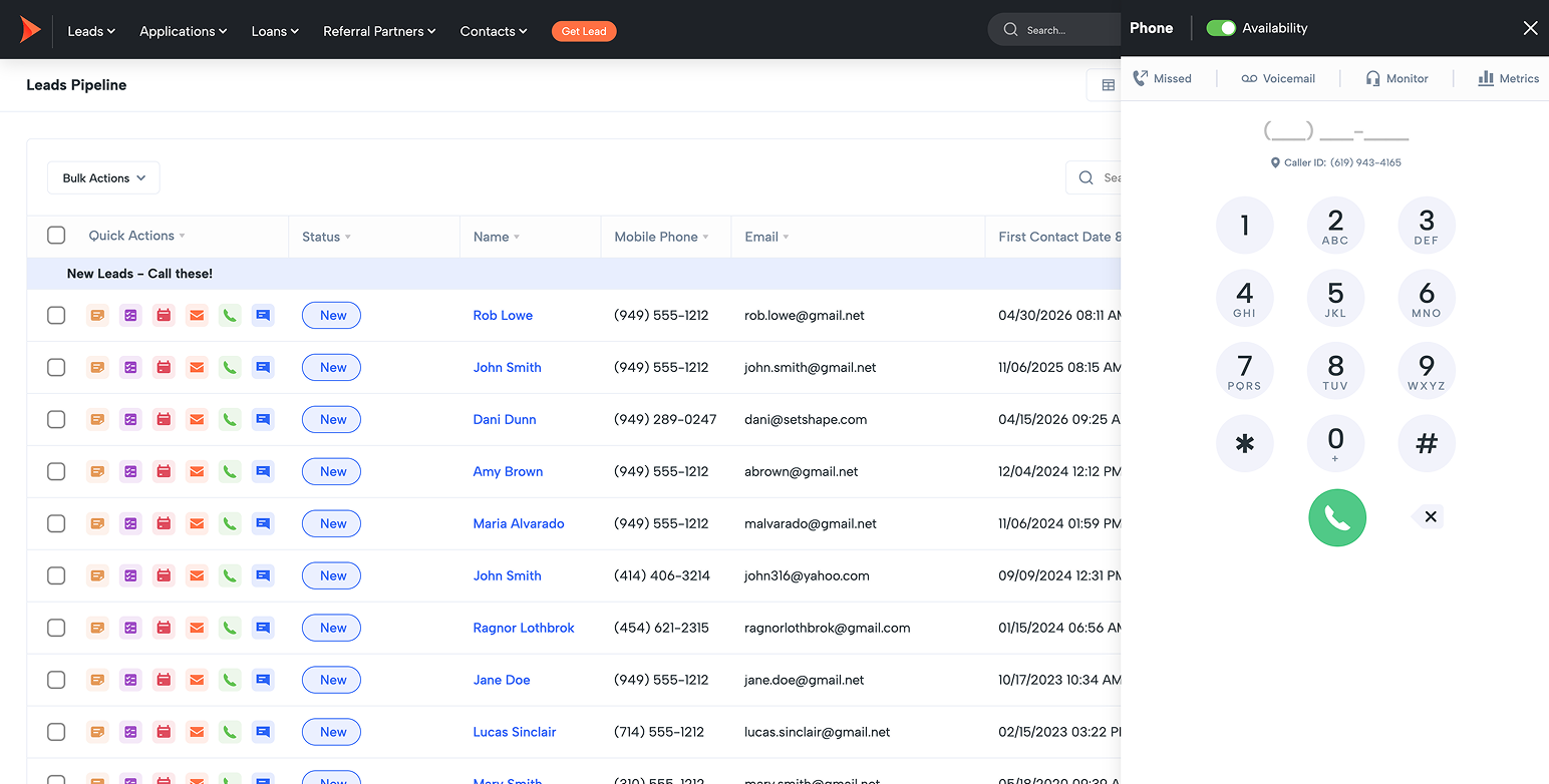 CRM Leads Pipeline showing lead list with New status tags and a floating phone dialer on the right side.