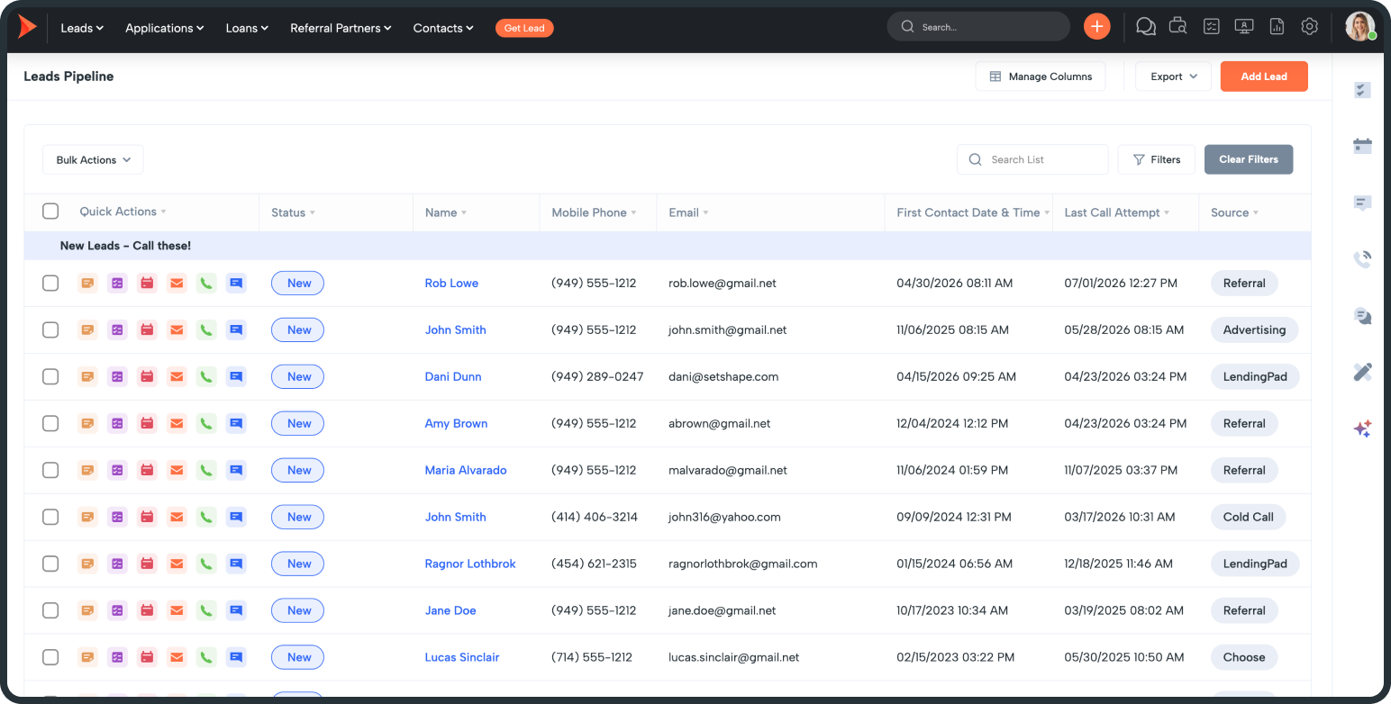 Leads pipeline dashboard showing a table of leads with status labels, contact details, dates, and source columns.