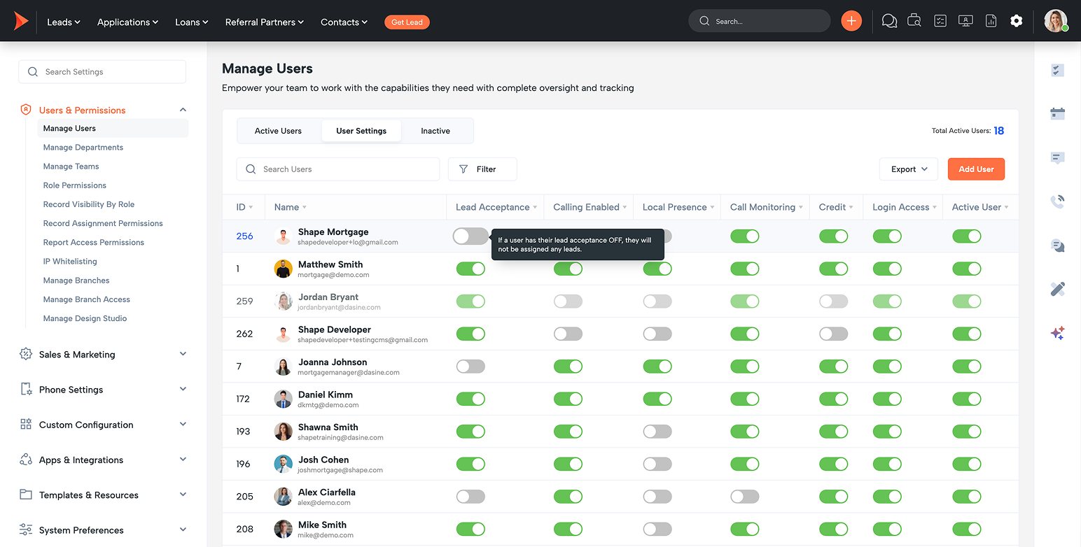 Manage Users page with a user table, avatars, and toggle switches for permissions; includes search, filters, and an Add User button on the right.