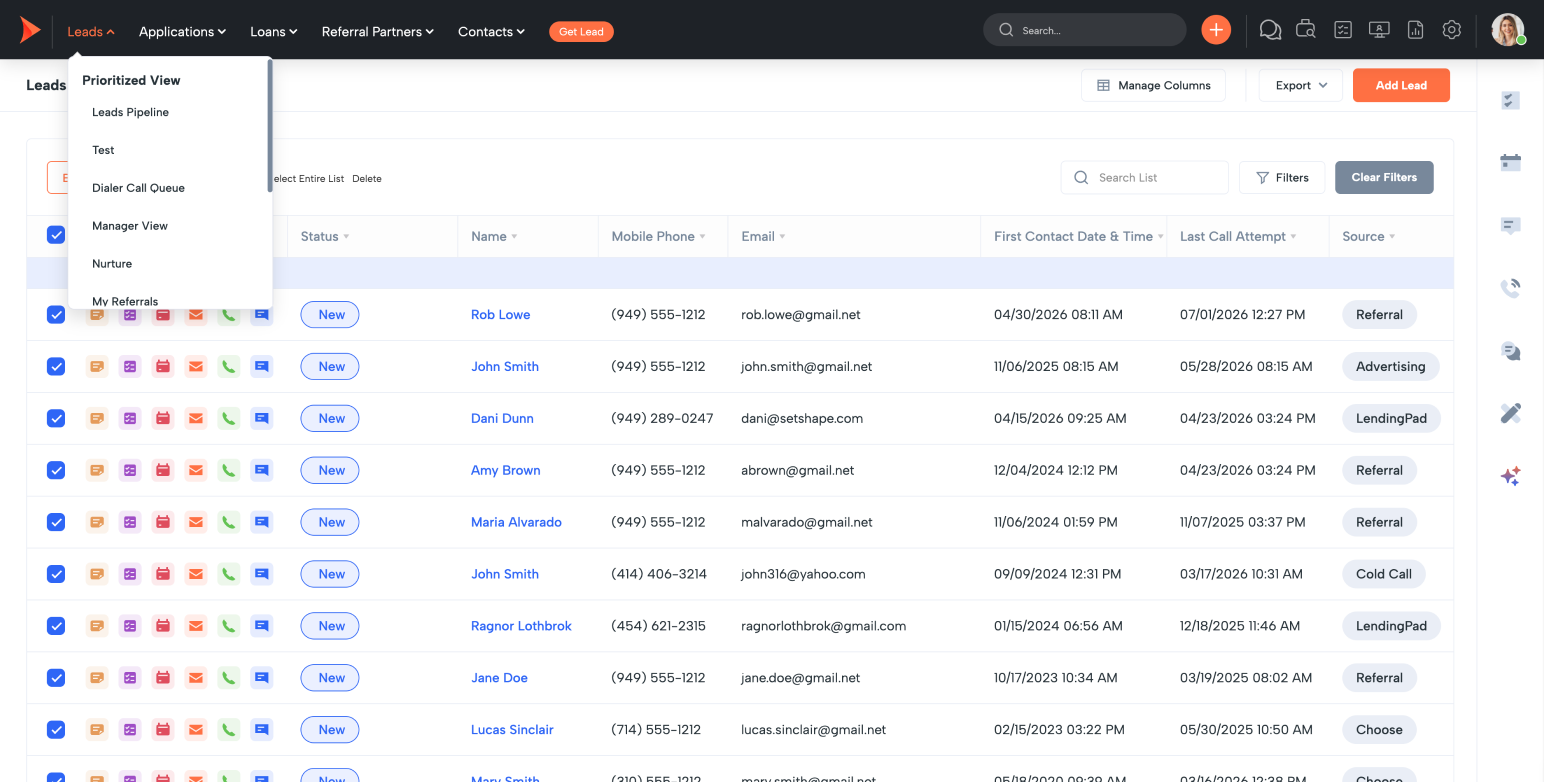 Dashboard: Leads list with checkboxes, status tags, contact details, and source column; dropdown shows Prioritized View option