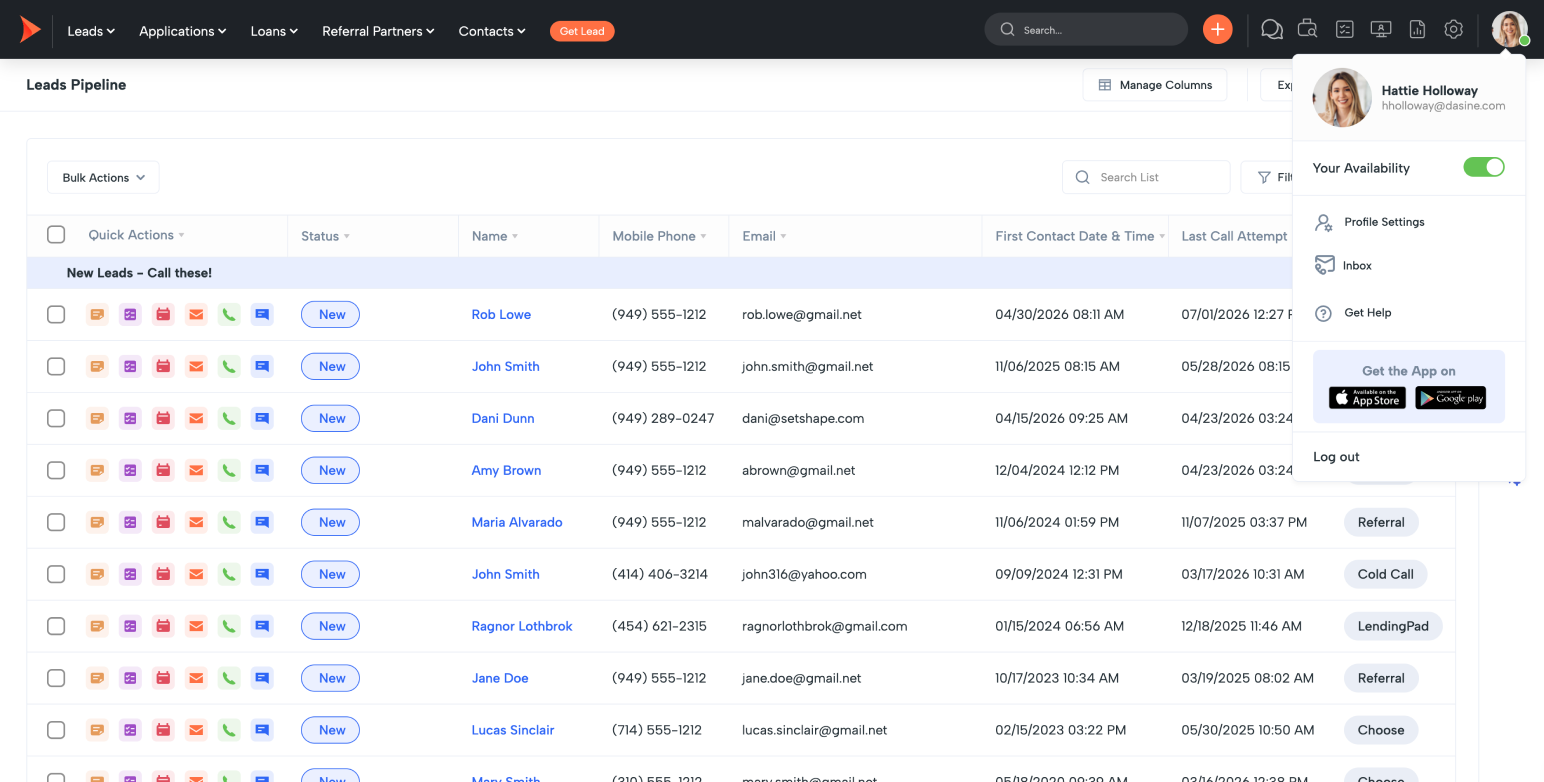 CRM Leads Pipeline dashboard showing a list of new leads with status tags and contact details