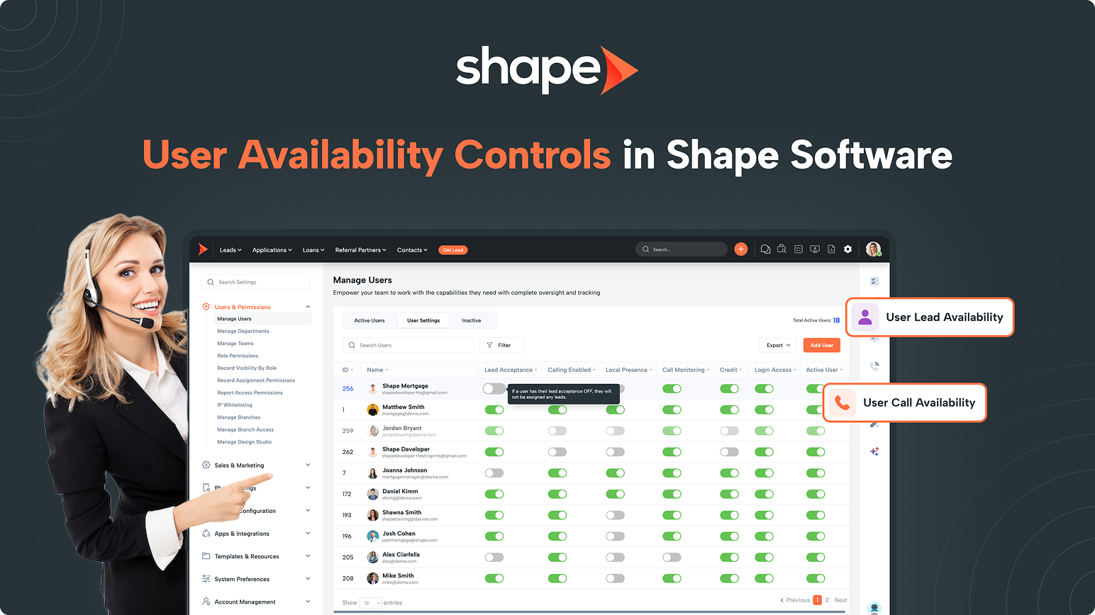 Hero image for Shape Software showing a smiling woman on the left and a software dashboard highlighting user availability controls, with callouts reading 'User Lead Availability' and 'User Call Availability'.