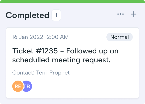 Completed ticket card: 'Ticket #1235 – Followed up on scheduled meeting request', date Jan 16, 2022, contact Terri Prophet, with circular initials RE and TB.