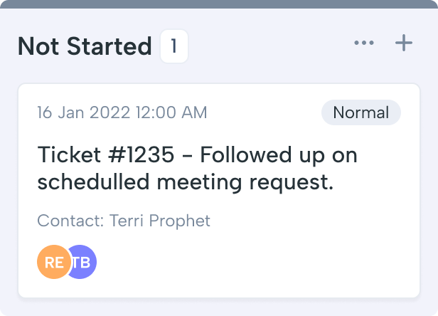 Ticket #1235 card: Not Started, Jan 16, 2022 follow-up on scheduled meeting request; contact Terri Prophet with RE and TB avatar initials.