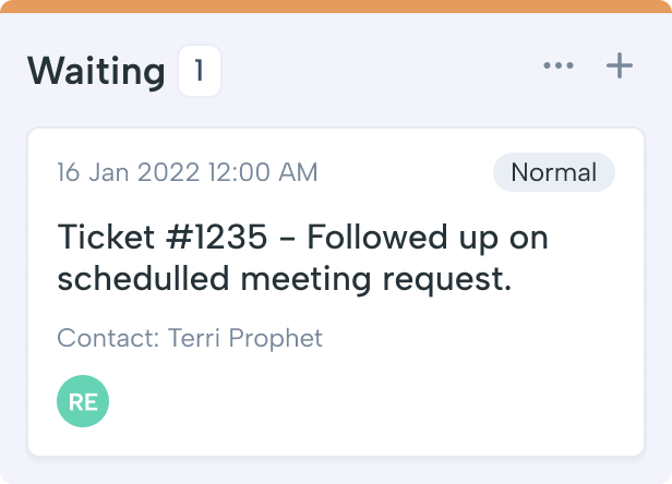 Ticket #1235 in Waiting queue: follow-up on scheduled meeting request; contact Terri Prophet (RE avatar). Time: 16 Jan 2022 12:00 AM.