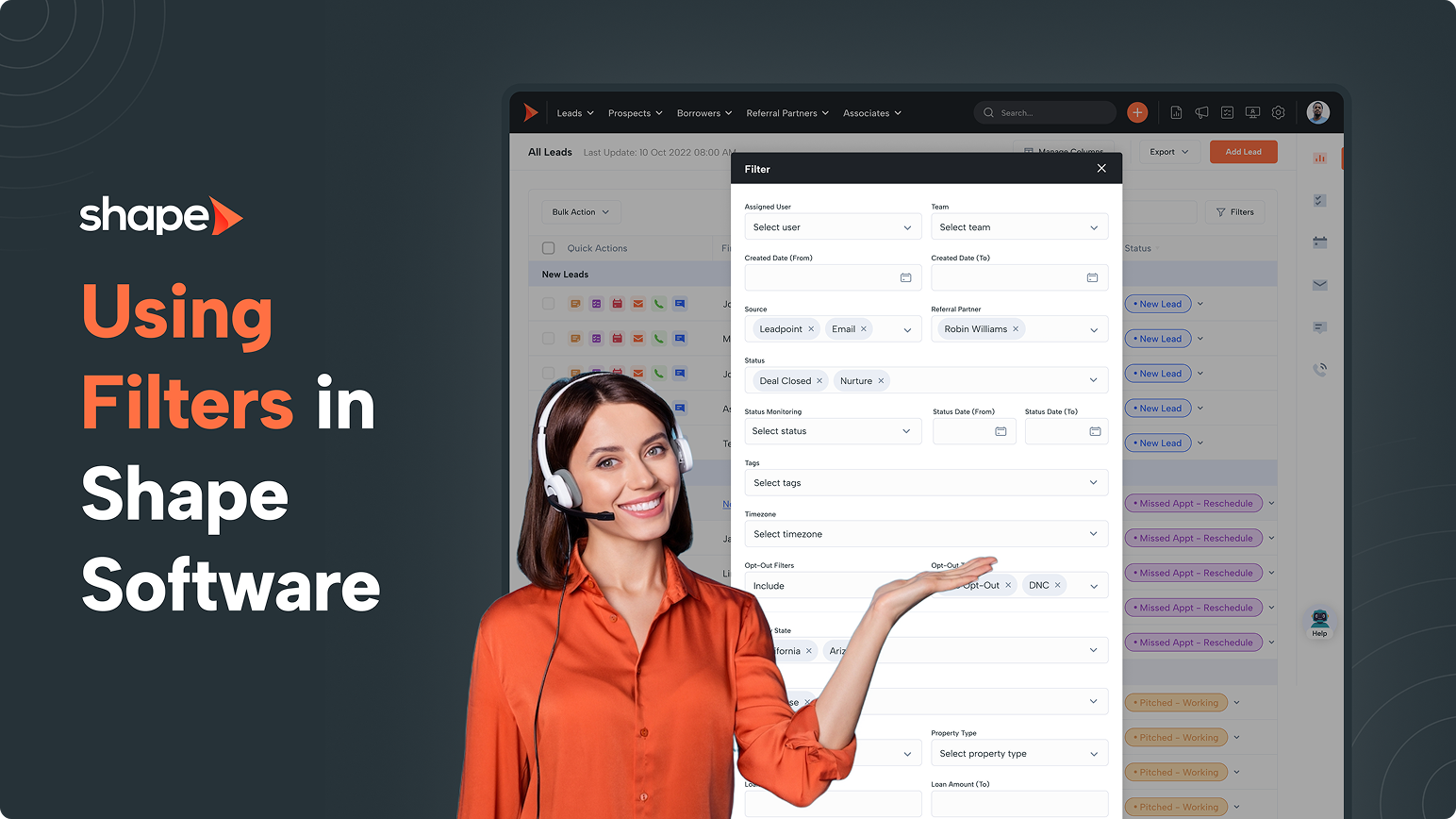 Using filters in Shape Software: hero image with a smiling woman in headset presenting a filter panel over a dark UI background