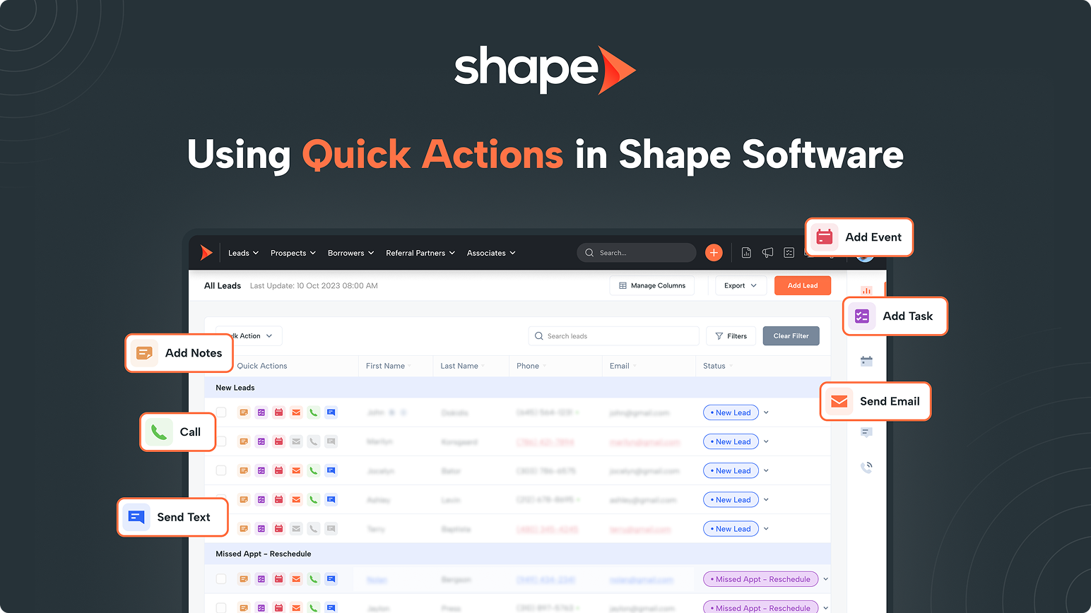 Hero header for Shape Software showing 'Using Quick Actions' with a CRM screenshot and callouts: Add Event, Add Task, Send Email, Call, Send Text, Add Notes.
