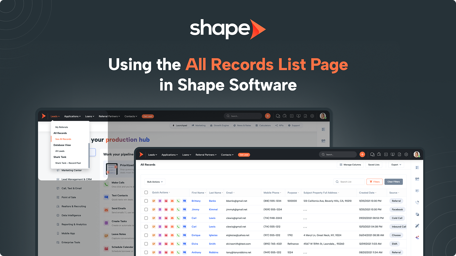 Shape logo with the headline 'Using the All Records List Page in Shape Software' over a CRM dashboard screenshot. (Informative hero)
