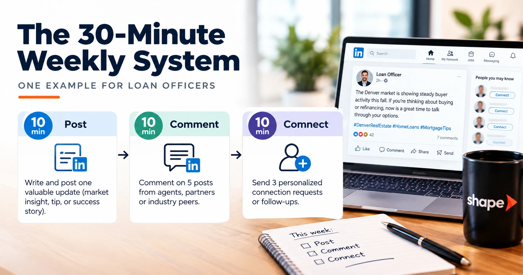 One example of a 30-minute weekly LinkedIn routine for a loan officer.