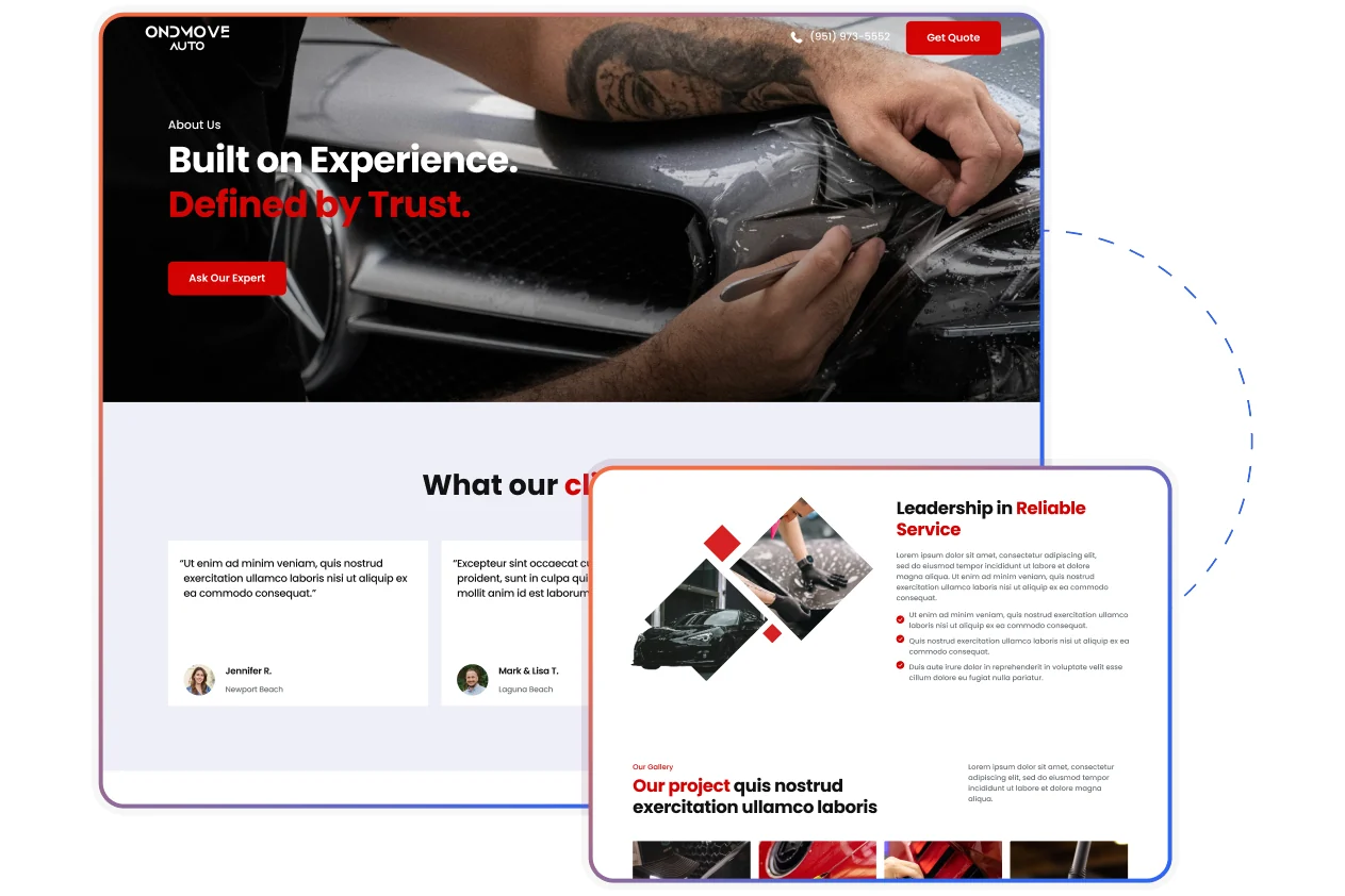 An auto detailing landing page headed built on experience with customer testimonials, and a second page covering reliable service with a project gallery.