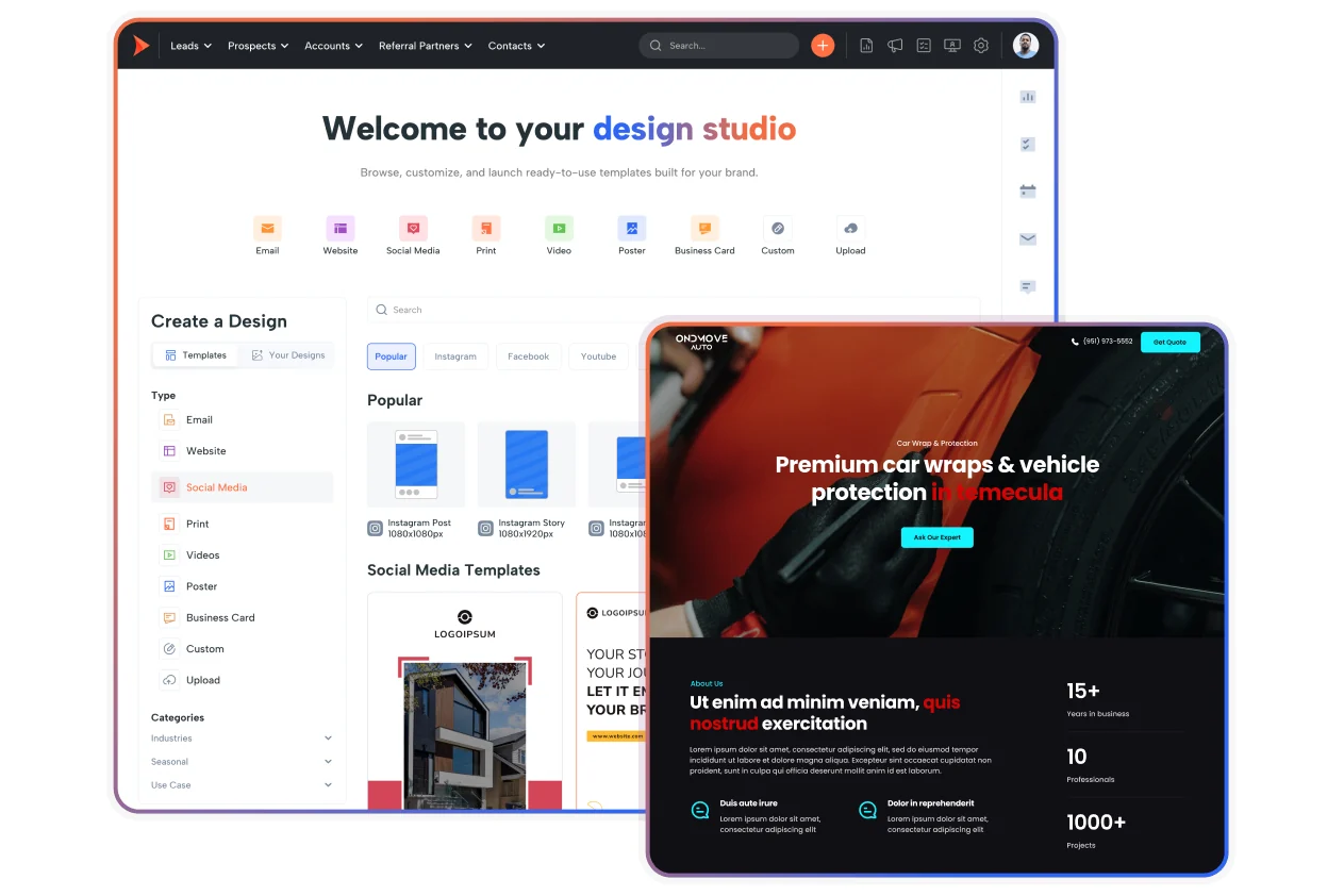 Shape design studio with ready-made email, social and print templates, beside a published auto shop site advertising premium car wraps and vehicle protection with years in business.