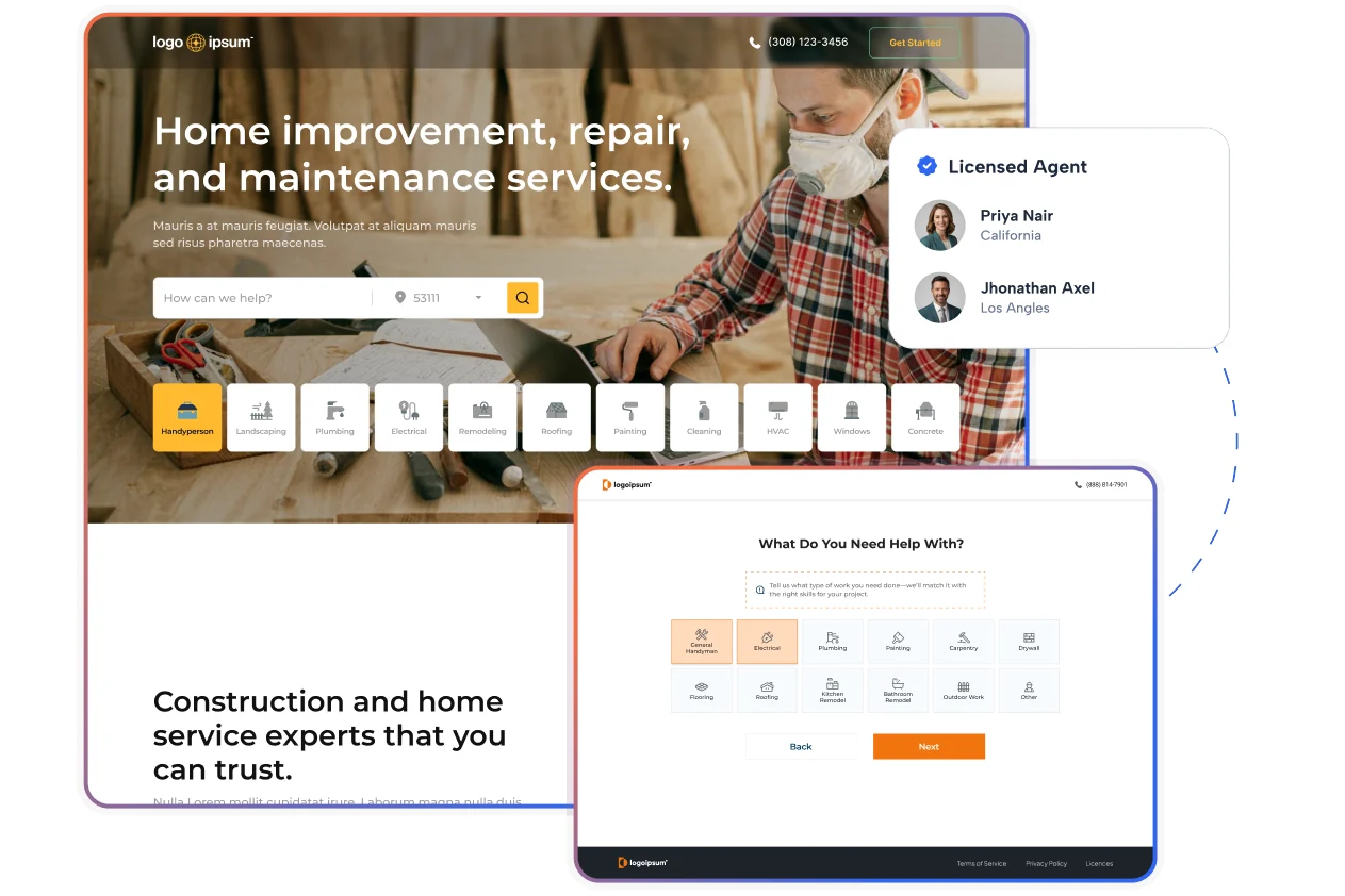 A home improvement landing page with trade categories from remodeling to roofing, a licensed contractor card, and a multi-step form matching the visitor to the right trade.