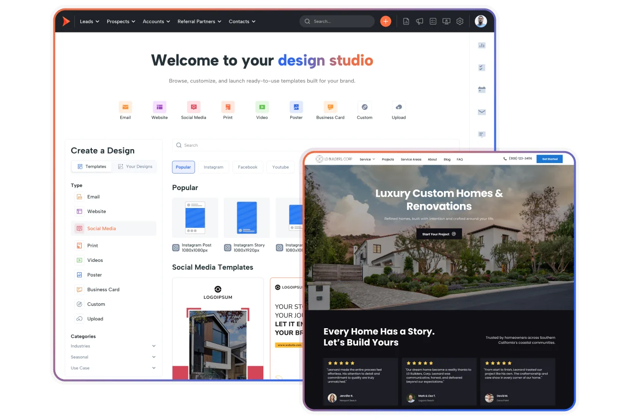 Shape design studio for construction marketing, with ready-made email, website, social and print templates beside a published builder site showcasing custom homes and renovations.