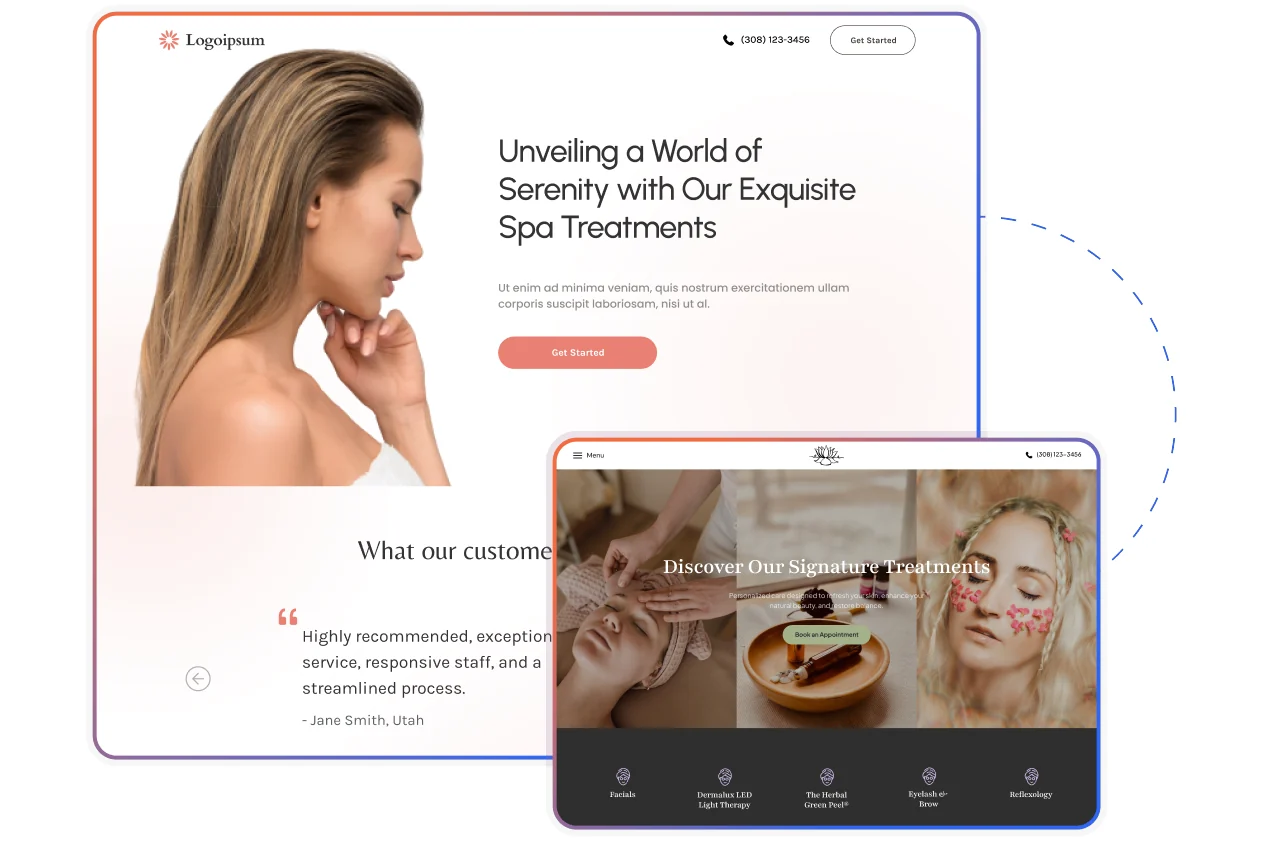 A med spa landing page promoting signature spa treatments with client testimonials, and a second page listing facials, LED light therapy, peels and lash services with an appointment button.