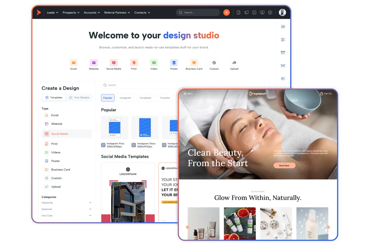 Shape design studio with ready-made email, social and print templates, beside a published med spa site promoting clean beauty products and online booking.