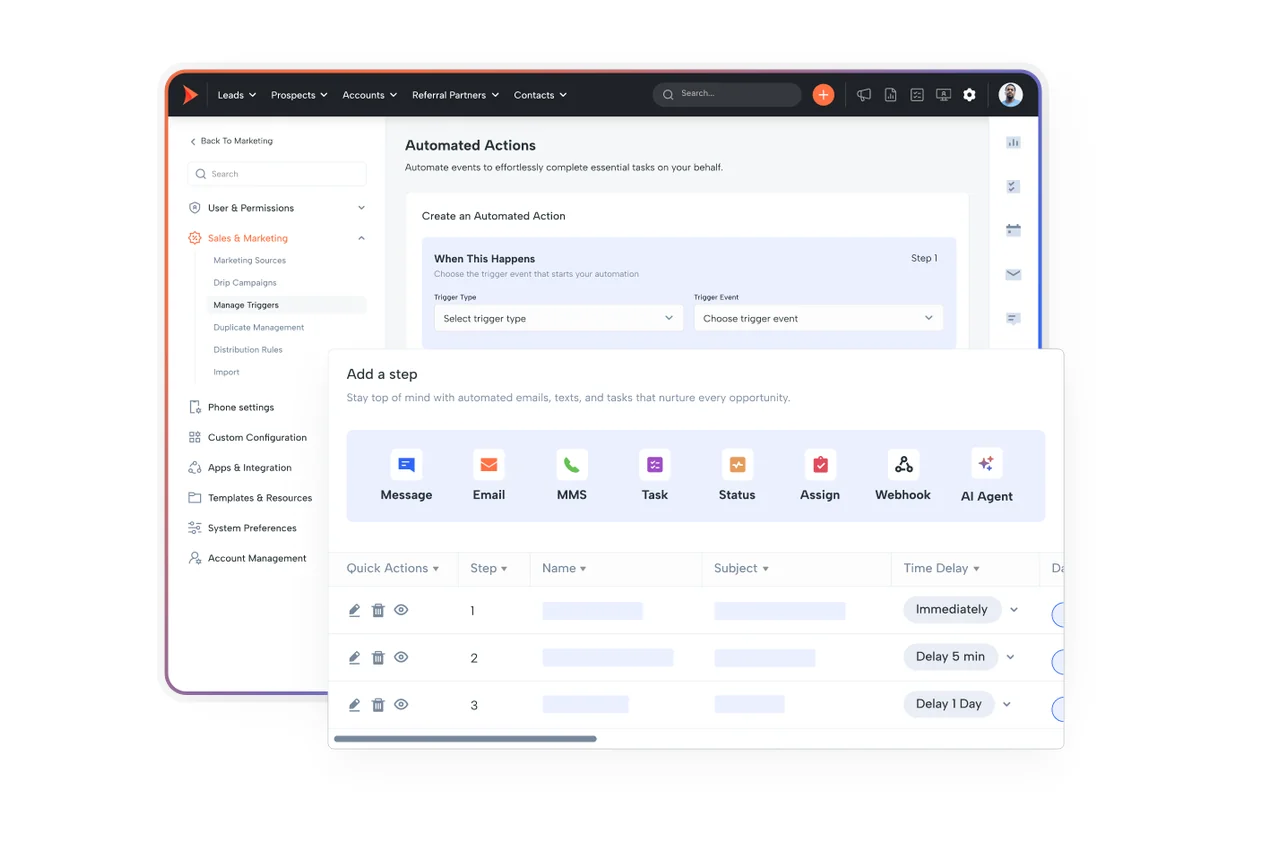 Shape automated actions builder: choosing a trigger event, then adding steps for message, email, MMS, task, status change, assignment, webhook or AI agent, each with its own time delay.
