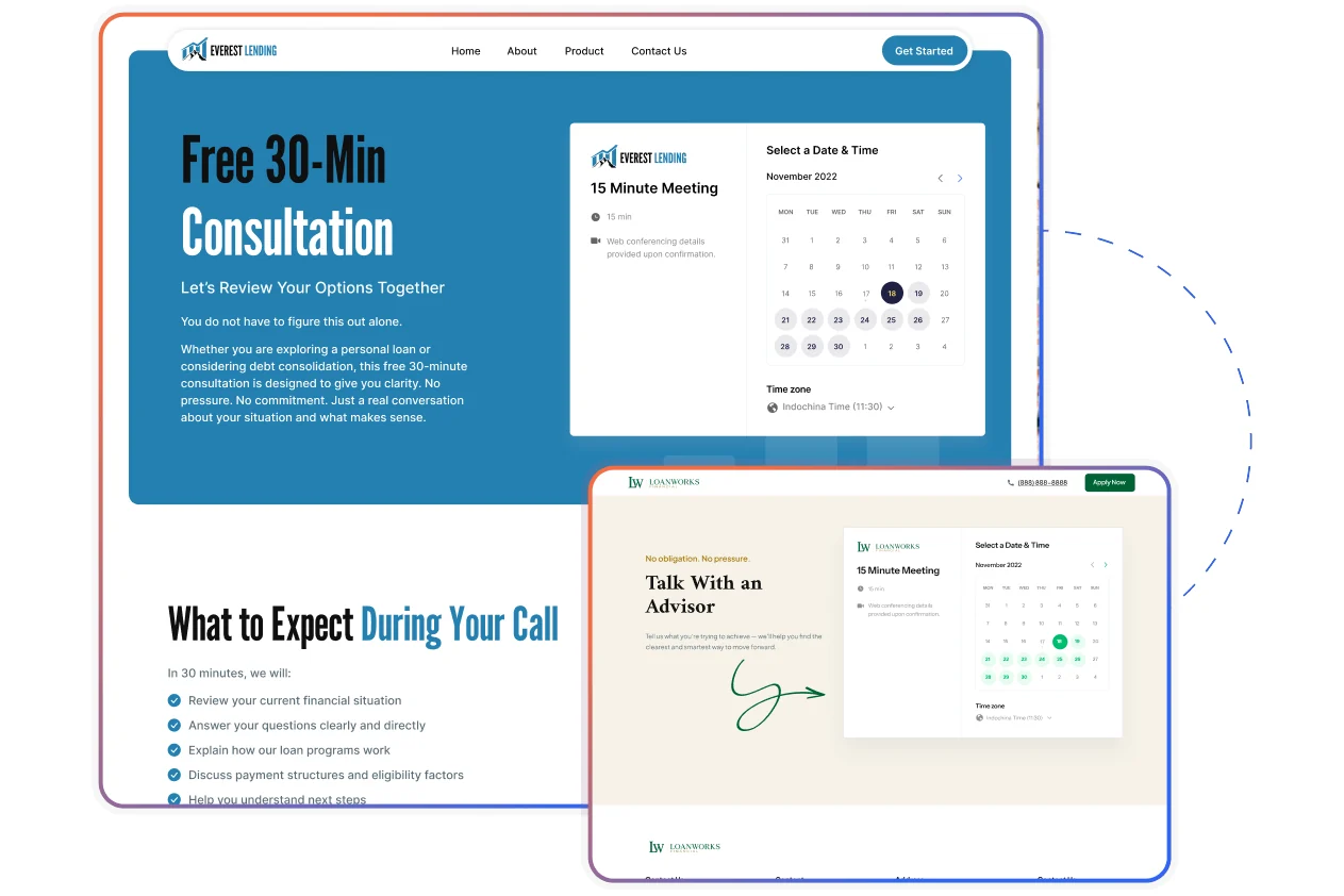 A consultation landing page with an embedded scheduler for choosing a date and time, shown alongside a second branded variant of the same page.