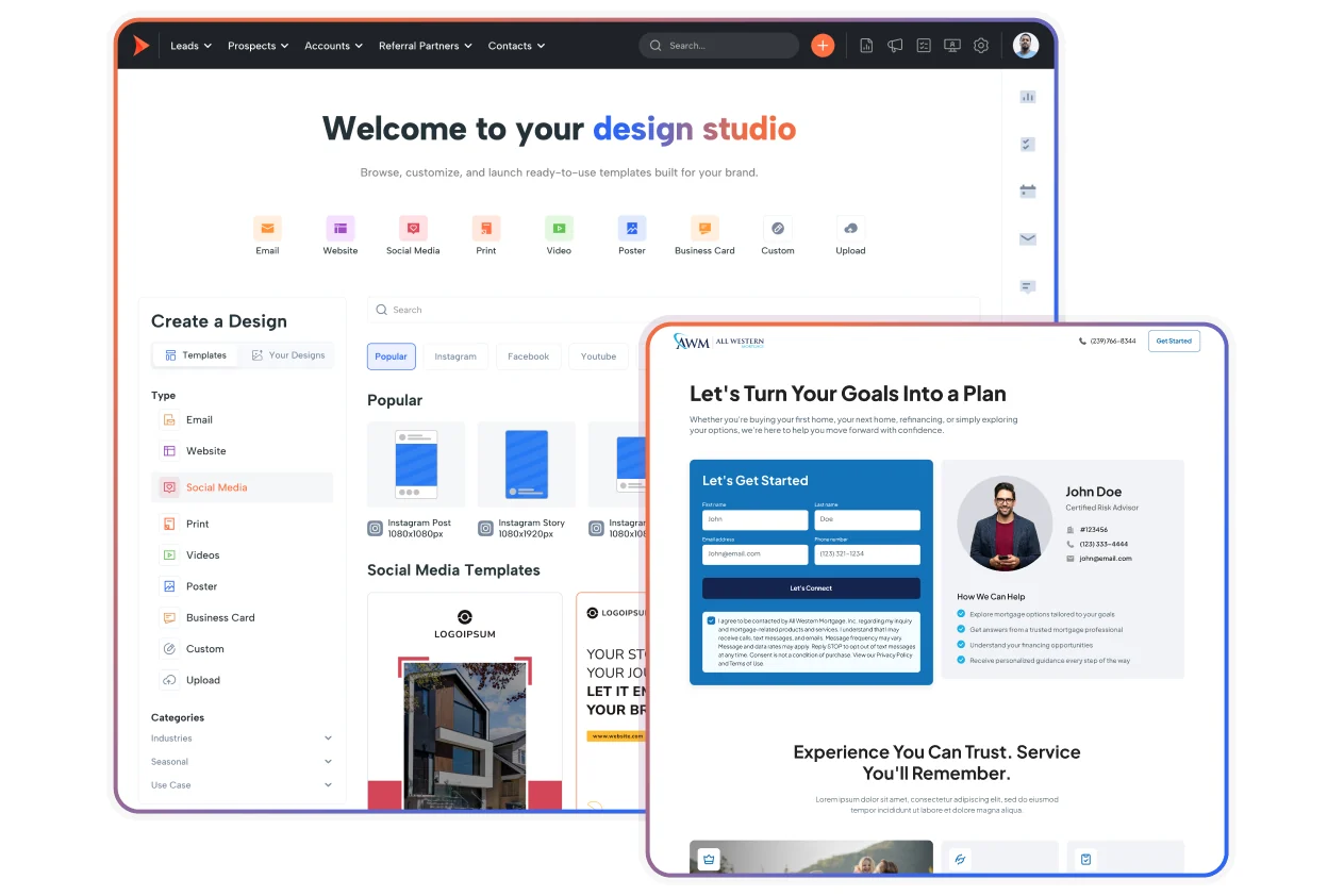 Shape design studio with ready-made email, website, social and print templates, beside a published customer-facing site with a lead capture form and advisor card.