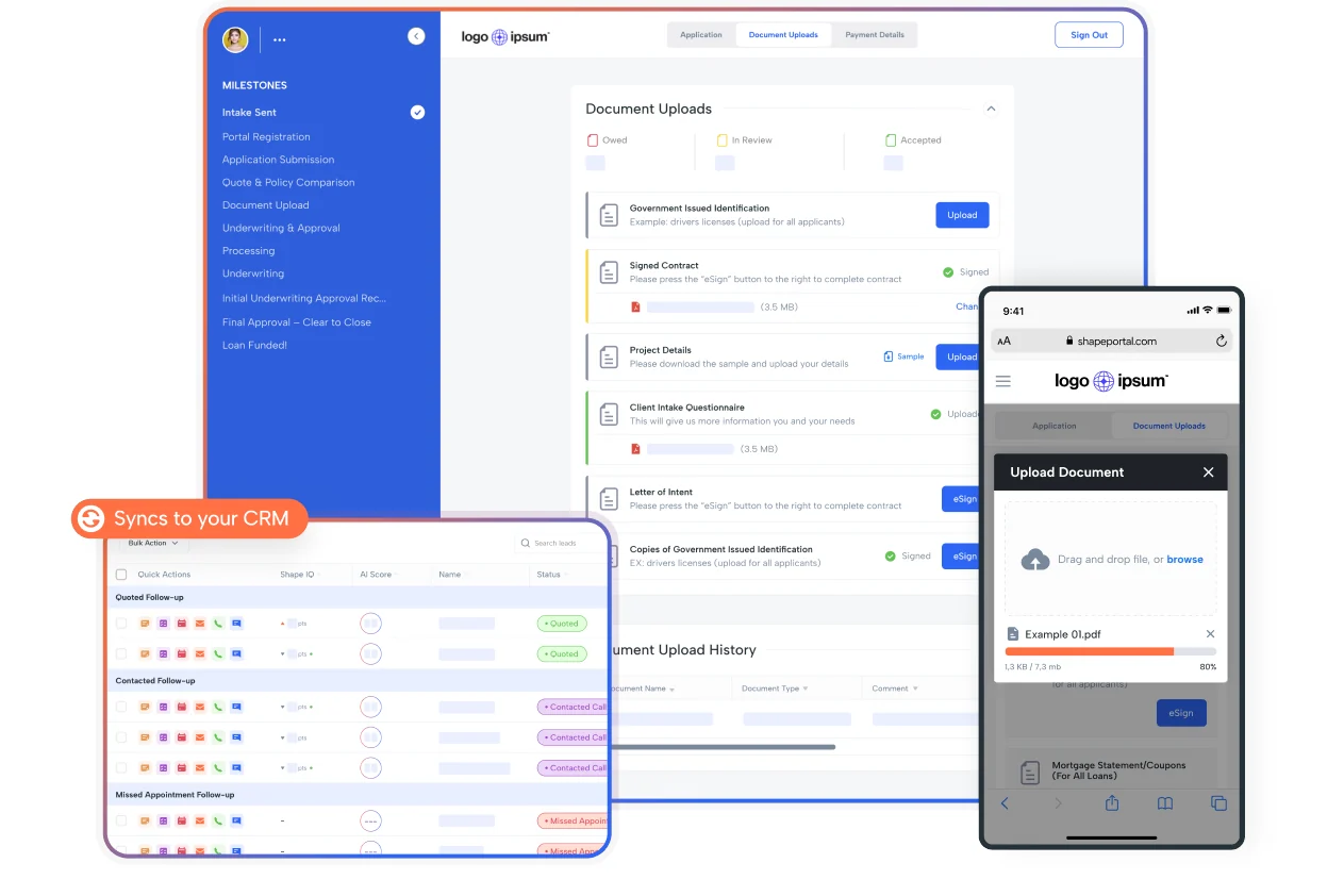 A branded client portal showing application milestones, document uploads marked owed, in review or accepted, e-signature requests, and the same portal on mobile.
