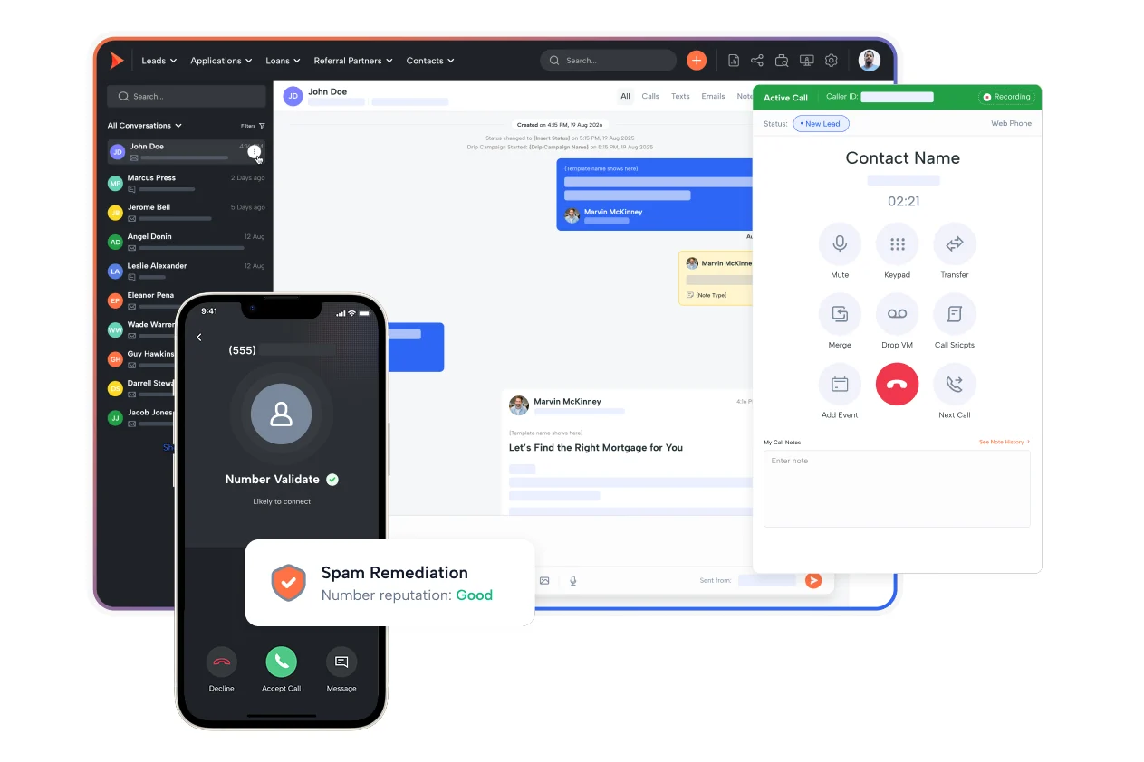 Shape unified inbox with a client conversation, an active call panel offering mute, transfer, merge and voicemail drop, and a number-reputation check before dialing.
