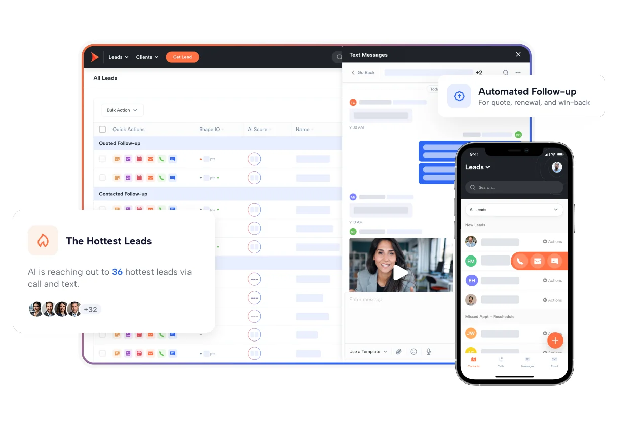 Shape all-leads pipeline grouped by quoted and contacted follow-up with AI lead scores, an automated follow-up campaign for quotes and renewals, and the mobile lead list.