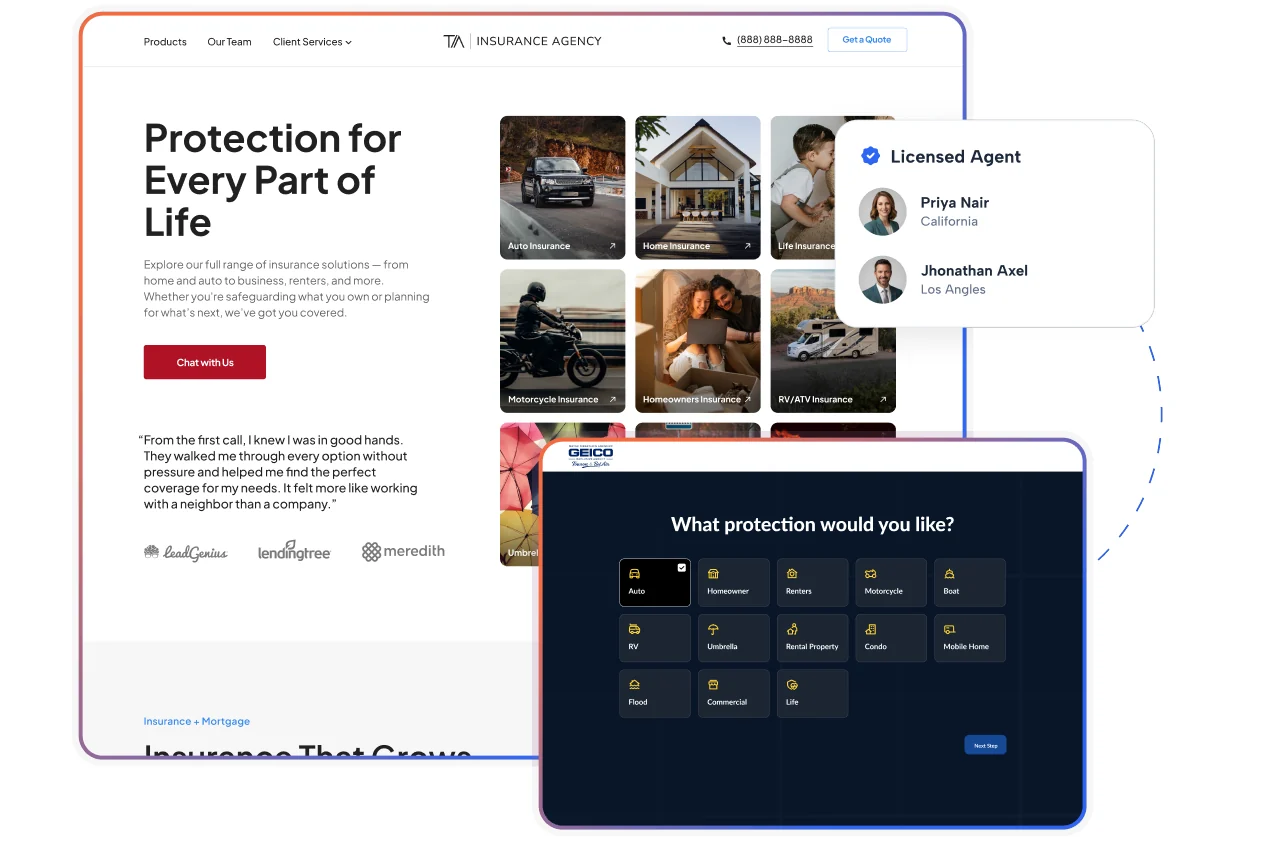 An insurance agency landing page offering auto, home, life, motorcycle and RV coverage, with a licensed-agent card and a multi-step quote funnel selecting coverage types.