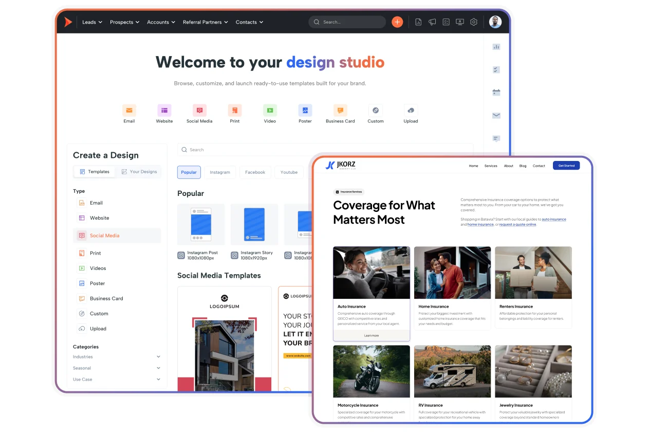 Shape design studio for insurance marketing, with ready-made email, website, social, print and video templates beside a published agency site of coverage pages.